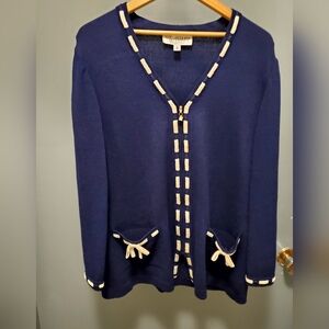 St John Collection Navy Santana Knit Front Zip Cardigan Size 12